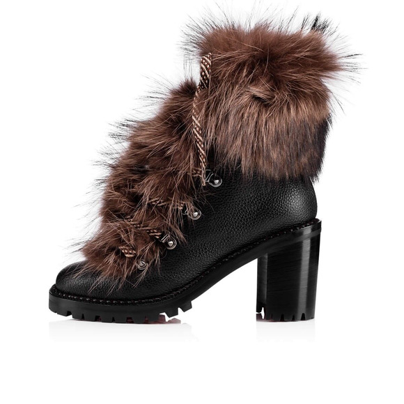 Christian Louboutin Fanny 70 Black Brown Fur Leather Tie Heel Combat Boot 34 - Picture 3 of 12